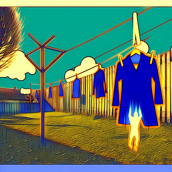 Kleding luchten in de buitenlucht: moderne retro-illustratie van drogen en fris maken Persoon hangt een licht vochtige jas buiten aan de waslijn om te luchten, met stoom of mist die opstijgt in een zonnige achtertuin