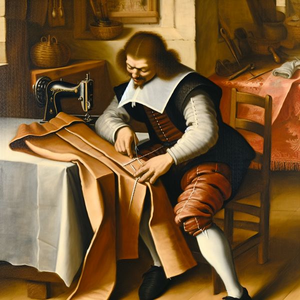 Kleermaker zoom afwerken: ambachtelijke naaitechniek in 17e-eeuws schilderij 17e-eeuwse kleermaker die met precisie een zoom afwerkt aan een broek met dubbele stiksel in een levendig schilderij in de stijl van Frans Hals