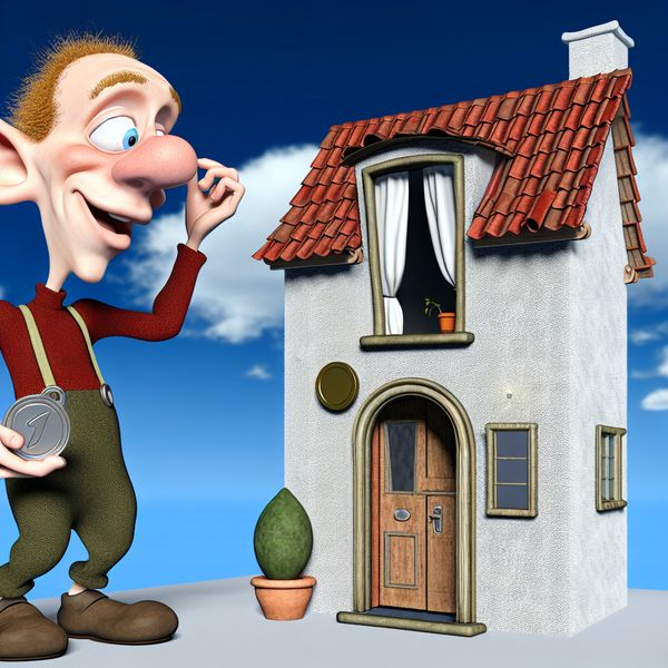 Klein appartement in cartooneske stijl met speelse figuur Een speelse cartoonfiguur kijkt naar een klein, gezellig appartement met een beperkt ruimtegevoel.