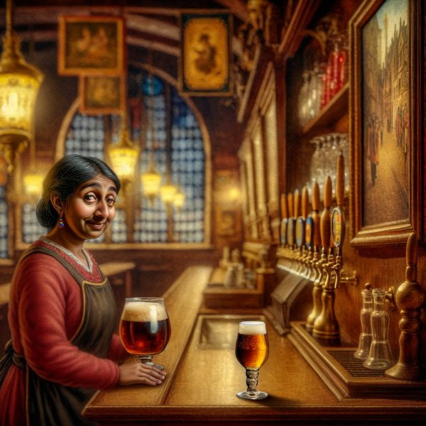 Klein glaasje bier of wijn op een houten bar in een nostalgische Belgische kroeg, symbool voor 'een bescheid'