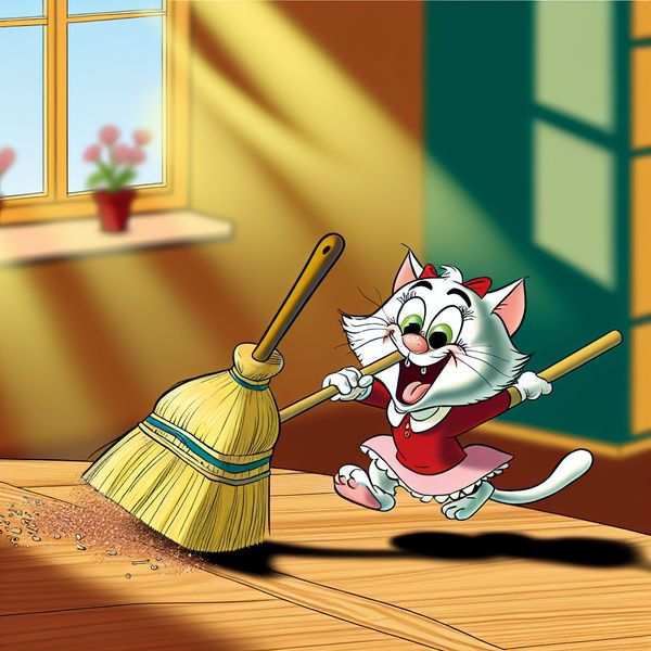 Een klein bezempje voor eenvoudige schoonmaaktaken in de keuken Een cartoonachtige afbeelding van een klein bezempje dat kruimels van een houten keukentafel veegt met een vrolijke kat als karakter.
