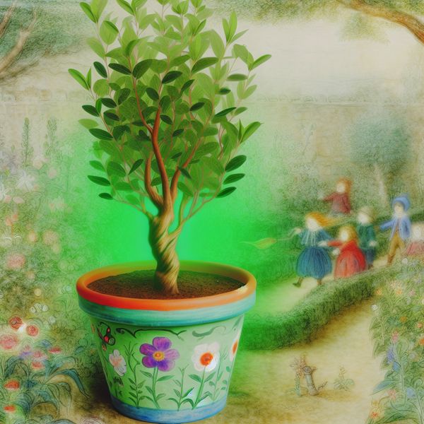 Klein boompje in een kleurrijke bloempot met blije kinderen Klein boompje in een kleurrijke bloempot met kinderen die eromheen aan het planten zijn in een nostalgische tuin.