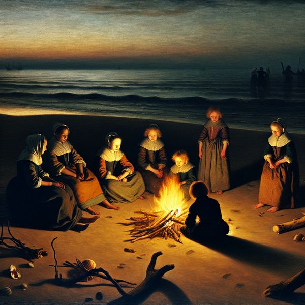Kinderen in 17e-eeuwse kleding rond een klein vuurtje op het strand bij zonsondergang, in de stijl van Johannes Vermeer
