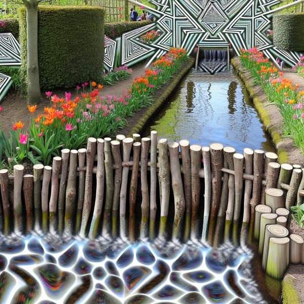 Creatief dammetje in tuin met water en bloemen Klein dammetje van takken en stenen in een tuin, houdt water vast met een watereffect.