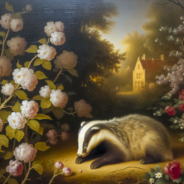Charmant klein dasje in een bloeiende tuin Een klein dasje rustend tussen bloeiende bloemen in een serene tuin.