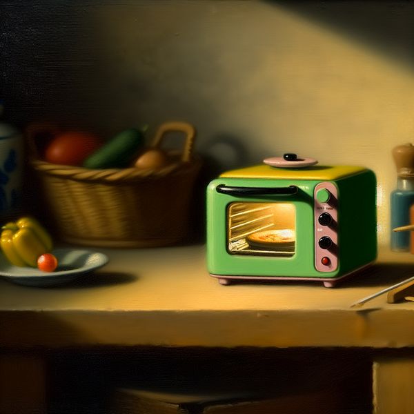 Een sfeervolle keuken met een klein elektrisch ovennetje op een houten aanrecht, omringd door groenten en specerijen.