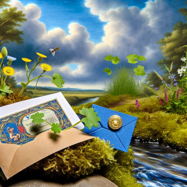 Klein Envelopje in de Natuur geïnspireerd door Jacob van Ruisdael Een klein, gedetailleerd envelopje op een mosbedekte steen naast een rustige stroom, met een gouden cadeaucertificaat zichtbaar.