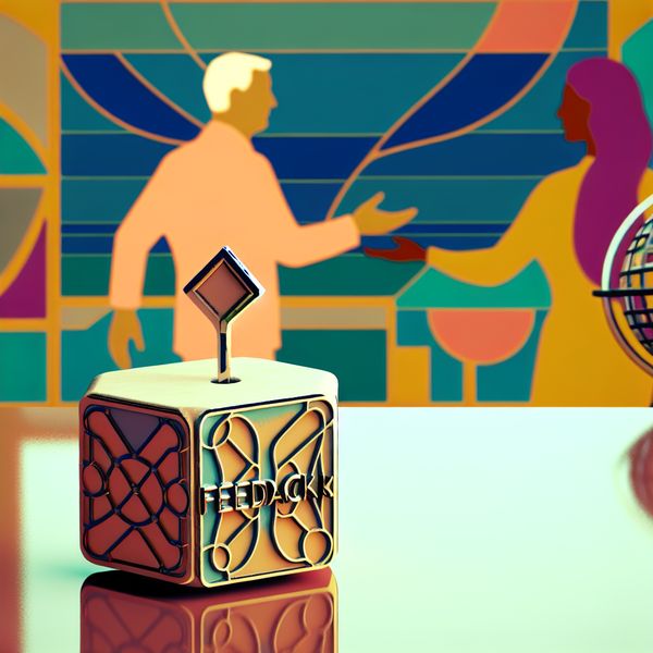 Feedbackformulier in Retro-Futuristische Leeromgeving Een klein, modern feedbackformulier op een stijlvol bureau, met een docent en een student die het formulier overhandigt.