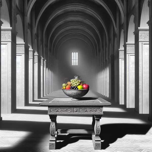 Een surrealistisch beeld van een klein fruitbakje op een grote, ornamentale tafel in een leeg, grandioos vertrek met torenhoge architectonische elementen.