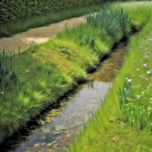 Klein Geultje in Een Serene Tuin Een klein, charmant geultje met helder water omringd door groene gras en kleurrijke bloemen