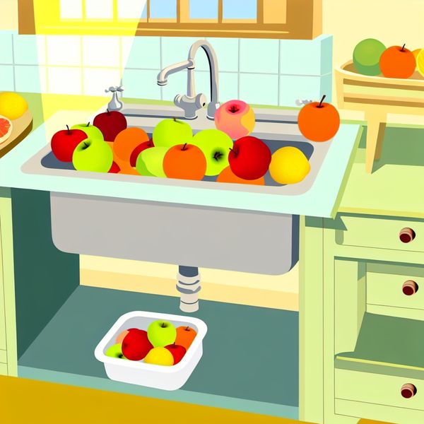 Minimalistische keuken met een klein gootsteentje vol kleurrijk fruit zoals appels en sinaasappels, verlicht door een zonnige raam.