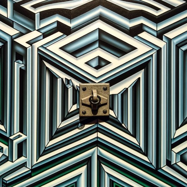 Surrealistische illustratie van een klein kastgrendeltje met wiskundige patronen Surrealistische illustratie van een klein grendeltje op een kast, omringd door complexe wiskundige patronen