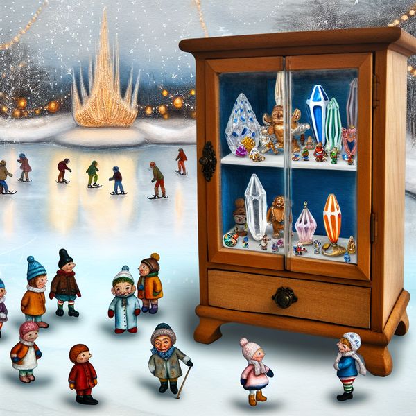 Klein houten kastje met glazen deuren in winterse sfeer Een houten kastje met glazen deuren gevuld met kleurrijke verzamelobjecten, omringd door figuren in winterkleding die de inhoud bewonderen.