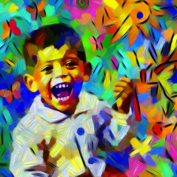 Vrolijk jongetje in abstracte kunststijl Een abstracte en kleurrijke afbeelding van een klein blij jongetje dat speelt, omringd door speelse, abstracte elementen.