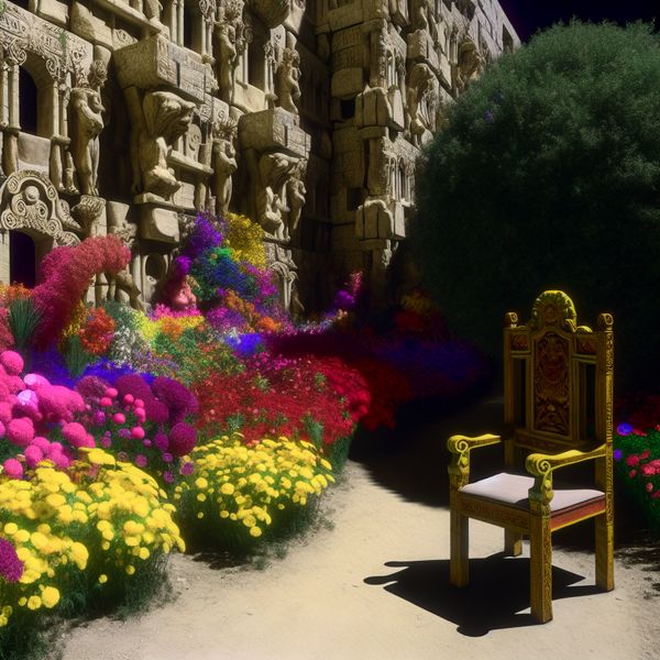 Kleine kleurrijke tuin geïnspireerd door Carel Willink Een hyper-realistisch beeld van een kleine, kleurrijke tuin vol levendige bloemen, omringd door monumentale architectuur en met een sierlijke stoel in de hoek.