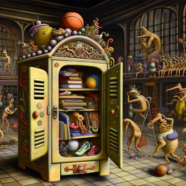 Een klein kluisje in een surrealistische schoolgym, gevuld met bizarre voorwerpen en wezens die eruit piepen.