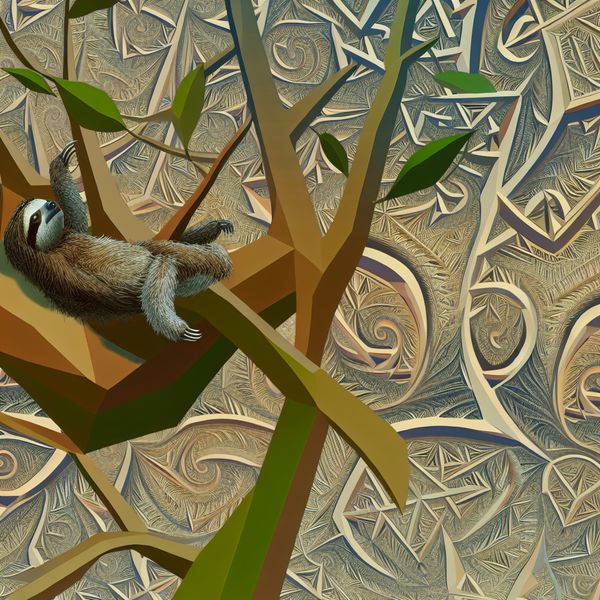 Schattig klein luiaardje in surrealistische boom Een klein luiaardje slaapt schattig in een boom met surrealistische, onmogelijke takken.