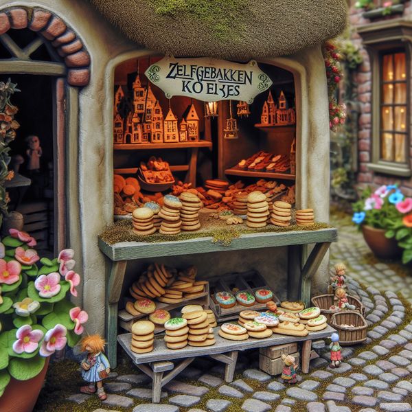 Klein Marktstandje met Zelfgebakken Koekjes Klein, charmant marktstandje met zelfgebakken koekjes op houten planken, omringd door een pittoresk dorp en bloemen in potten.