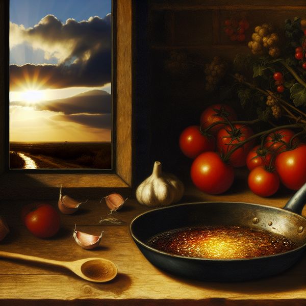 Klein pannetje saus in een natuurlijke keukenomgeving Een klein, ondiep pannetje met een rijke saus op een rustieke houten tafel, omringd door verse ingrediënten zoals tomaten en kruiden.
