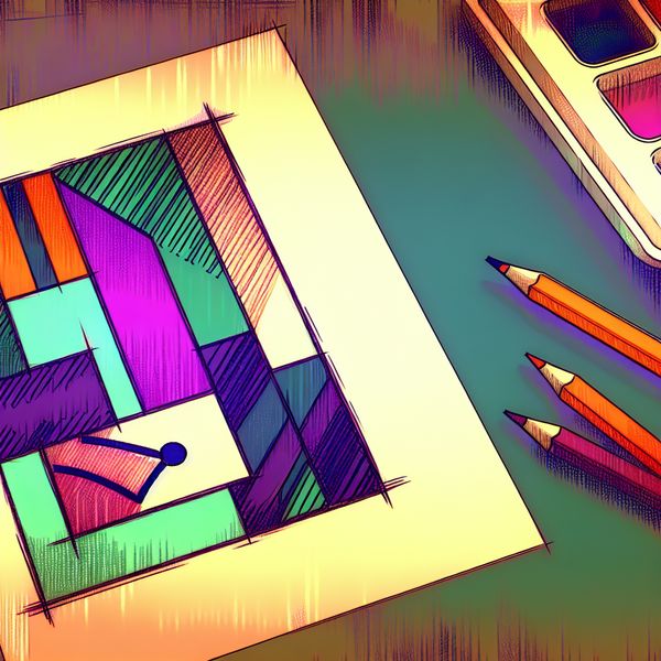 Moderne retro-futuristische illustratie van een klein papier met creatieve tekening Een klein stuk papier met kleurrijke geometrische patronen op een bureau, omgeven door artistieke hulpmiddelen zoals kleurpotloden en markers.