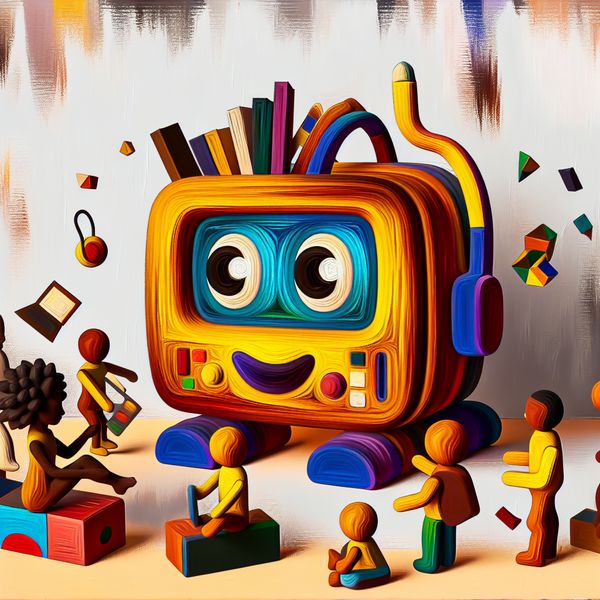 Kleurrijke abstracte afbeelding van een schattige kleine computer omringd door speelgoed, boeken en speelse vormen, met kinderen die enthousiast leren.