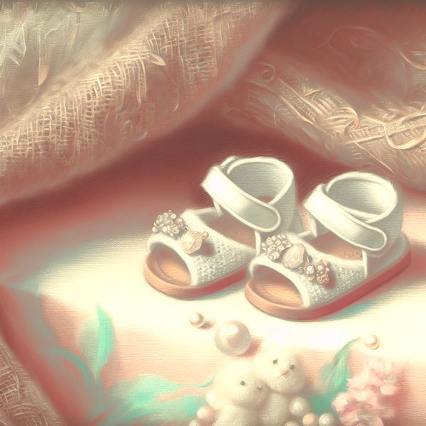 Kleine schattige sandalen voor kinderen Klein, schattig paar sandalen voor kinderen, gelegen op een zachte, textuurvolle stof