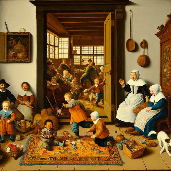 Lively Family Scene with Carpet Before Door Een klein tapijt voor de deur met spelende kinderen en een lachende moeder in een warme huiselijke omgeving.