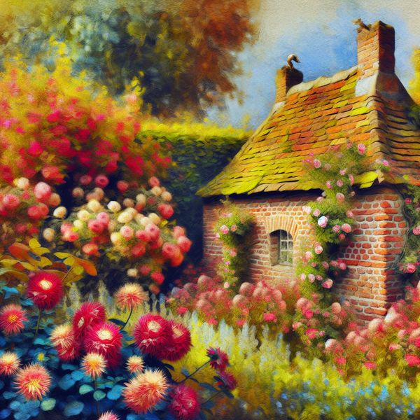 Klein Tuinmuurtje met Bloemen en Vogels Een klein, charmant tuinmuurtje met kleurrijke bloemen en vogels erop