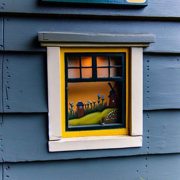 Klein venster in rustieke schuur met tuinzicht Klein venster met gele omlijsting in een rustieke schuur met uitzicht op een cartoonachtige tuin.
