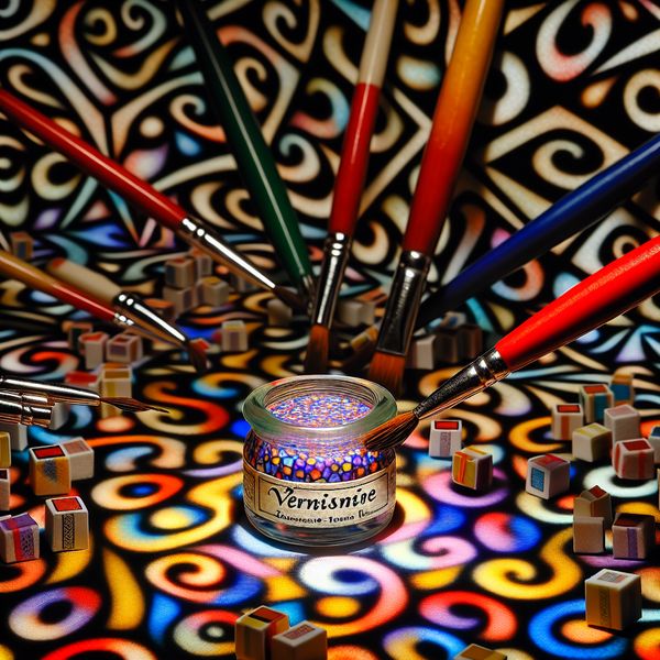 Een kleurrijk potje vernisje omringd door miniatuur kunstgereedschap en verfspetters op een Escher-geïnspireerd achtergrond.