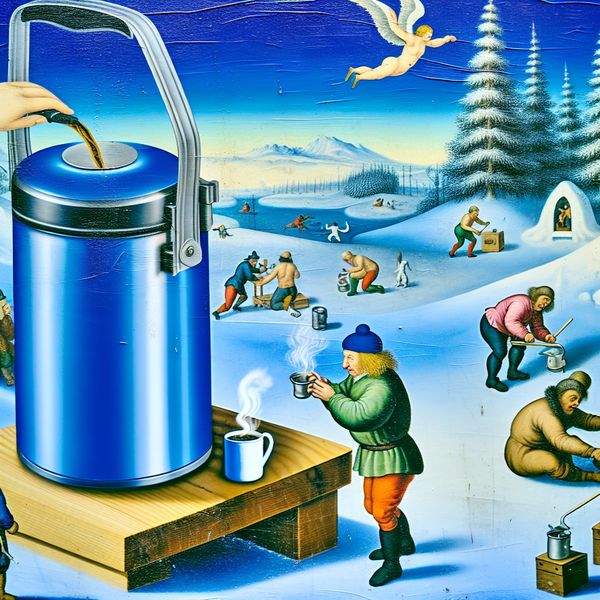 Klein waterkokertje in een winterse omgeving Een persoon giet heet water uit een klein waterkokertje in een kopje, met op de achtergrond sneeuwlandschap en winteractiviteiten.