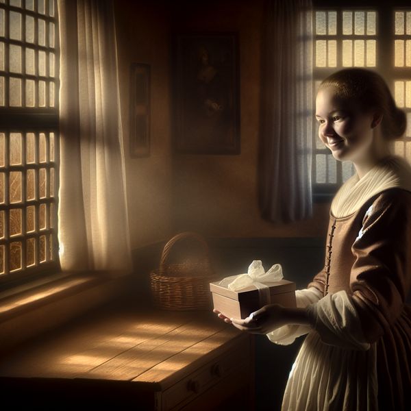 Kleine attentie als blijk van waardering - Vermeer-stijl schilderij met chocolaatjes Jonge vrouw in 17e-eeuws Hollands interieur biedt elegant verpakte doos chocolaatjes aan als kleine attentie
