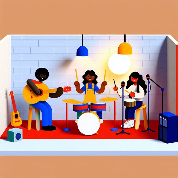Kleine band die samen muziek maakt - minimalistische illustratie voor taalonderwijs Minimalistische illustratie van een kleine band die samen muziek maakt in een gezellige kelder, met heldere kleuren en kindvriendelijke vormen