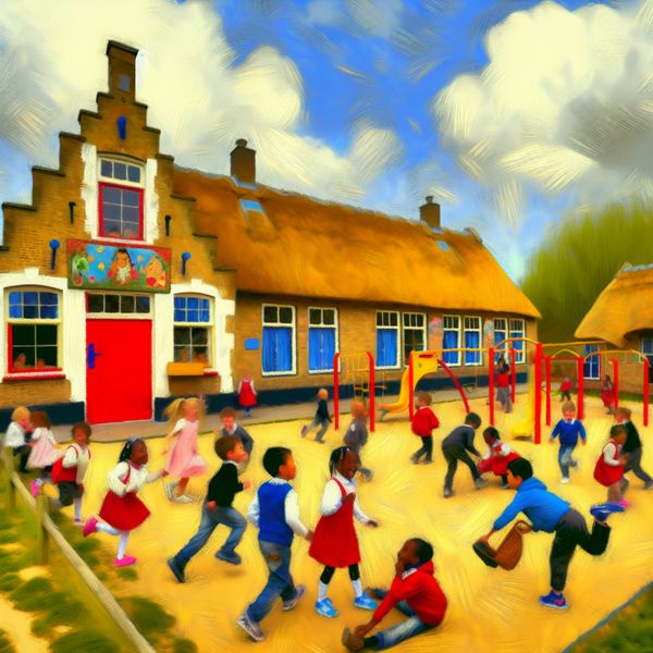Een kleine, charmante basisschool met een heldere rode deur en kinderen die buiten spelen in een levendige omgeving.