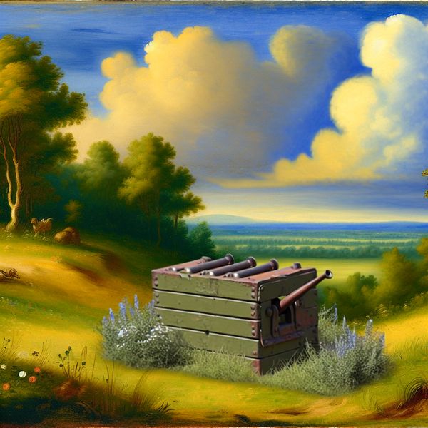 Kleine batterij in natuurlijke omgeving door Jacob van Ruisdael Een kleine, fragiele batterij op een grasheuvel in een serene landschapsweergave door Jacob van Ruisdael. De batterij ligt te midden van wilde bloemen en gras, onder een grote, levendige lucht met draaiende wolken.