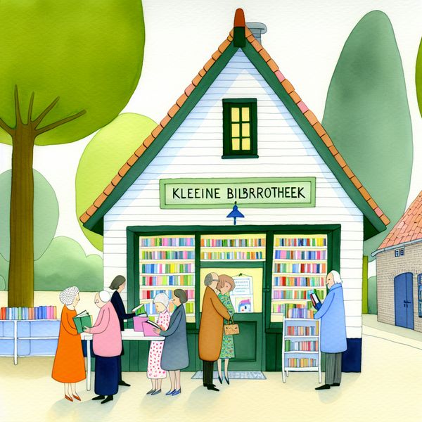Kleine gemeenschapsbibliotheek met kleurrijke boekenplanken en blije mensen die boeken uitwisselen