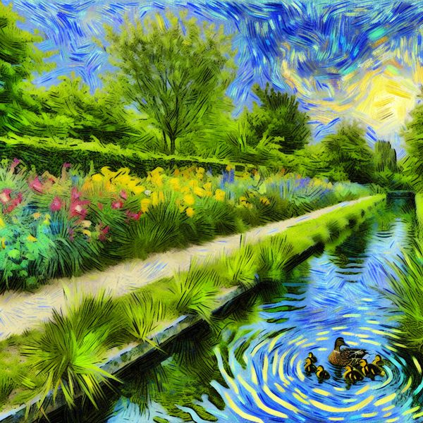 Een kleine gracht in een park met een moeder eend en haar donzige eendjes die langs de waterkant peddelen, omgeven door groene planten en kleurrijke bloemen.