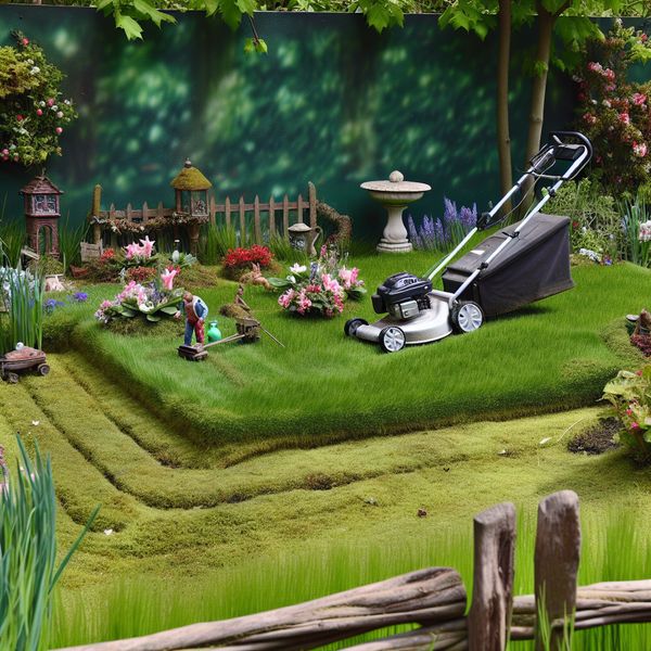 Kleinere grasmaaier voor een compacte tuin Een kleurrijke tuin met een kleine grasmaaier en spelende kinderen.