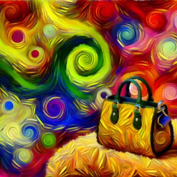 Kleine handtas in kleurrijke abstracte setting Speelse, kleine handtas op een kleurrijke textuur met een abstracte achtergrond