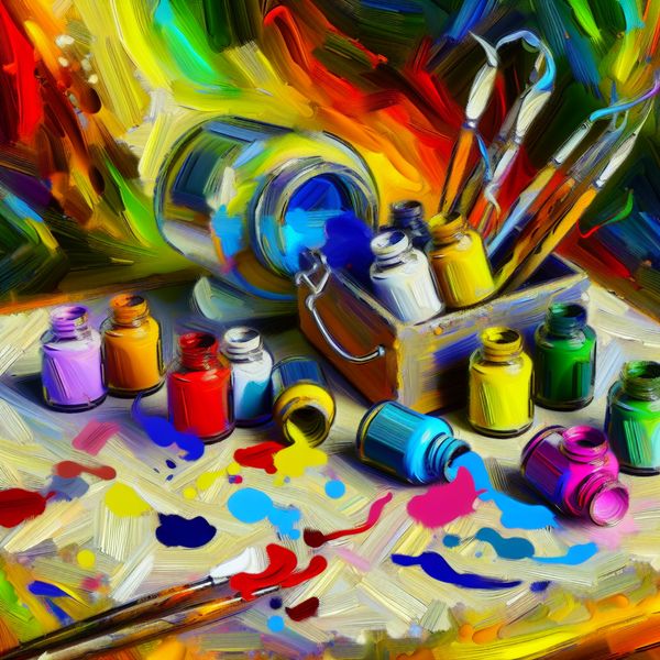 Kleine potjes met levendige verf Abstracte expressieve interpretatie van kleine potjes gevuld met levendige verf, gemorst op een gestructureerd doek.