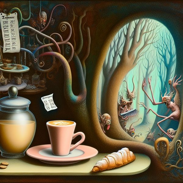 Surrealistische kleine rekening van café Een kleine rekening van een café met een grote koffie en een gebakje, in een surrealistische stijl.