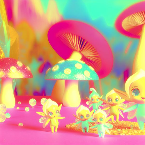 Schattige wezens in een kleurrijk retro-futuristisch landschap Schattige, kleine wezens die vrolijk spelen tussen grote, kleurrijke paddenstoelen en sprankelende bloemen in een retro-futuristisch landschap.