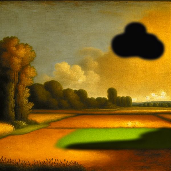 Kleine teleurstelling in perfect landschap - Nederlandse schilderkunst stijl Rembrandt 17e-eeuws Hollands landschap met een klein donker wolkje boven een idyllisch dorp, symboliserend een kleine teleurstelling