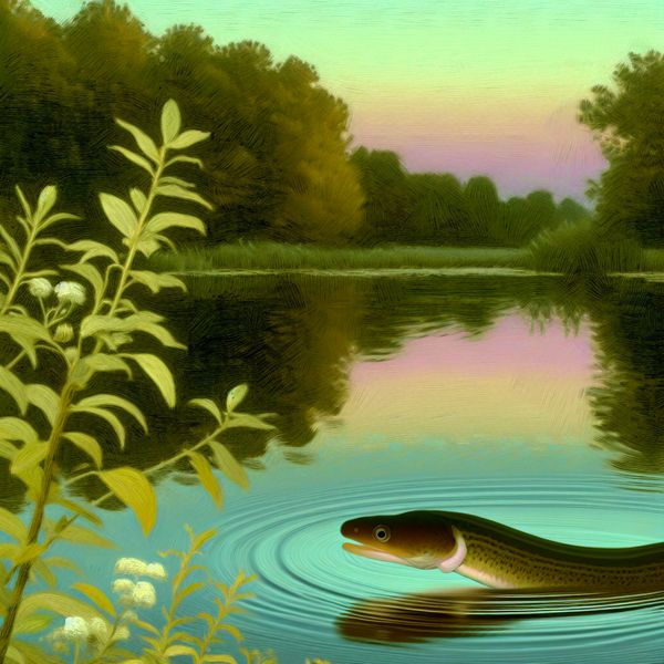 Zeeltje in rustige omgeving vlakbij meer Een kleine zeeltje zwemt sierlijk langs de oever van een serene meer, omringd door weelderig groen.