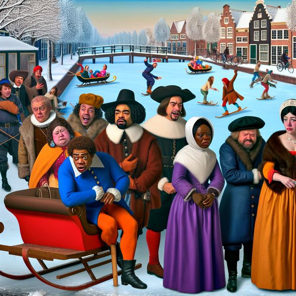 Kleinigheid die jammer is - historische wintertaferelen met emotionele details 17e-eeuws Hollands wintertafereel met teleurgestelde mensen bij een vertrekkende slee, symboliserend een kleine spijtige gebeurtenis