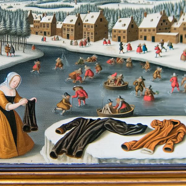 Illustratie kleren wisselen in wintertafereel - Nederlandse woordenschat leren Gedetailleerde wintertafereel met persoon die natte kleren verwisselt voor droge kleding op bevroren kanaal, illustratie van het woord 'kleren'