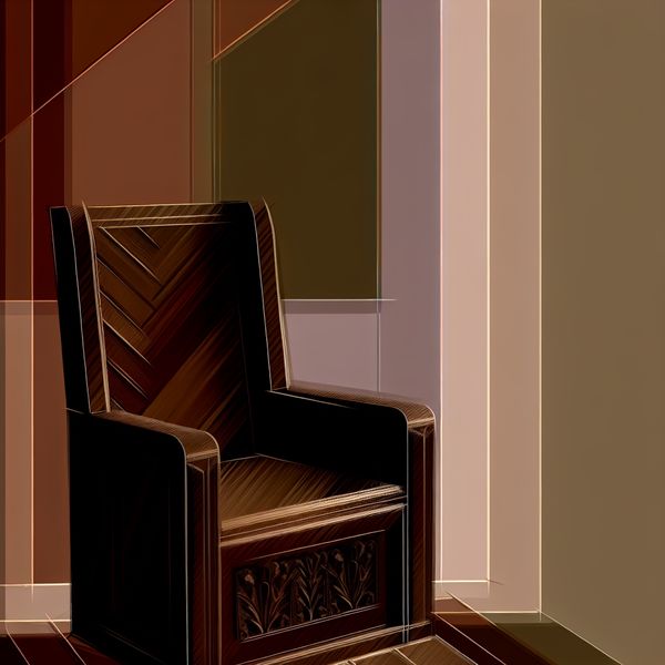 De kleur bruin in een nostalgische interieurscène: retro-futuristische illustratie Retro-futuristische illustratie van een donkerbruine houten armstoel tegen een warme bruine muur, ter illustratie van de kleur bruin als zelfstandig concept