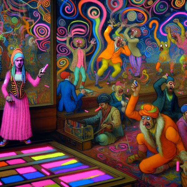 Creeatieve muurkunst creëren met kleurrijk krijt Een groep kleurrijke, fantastische karakters verandert een muur met krijt in levendige surrealistische kunst.