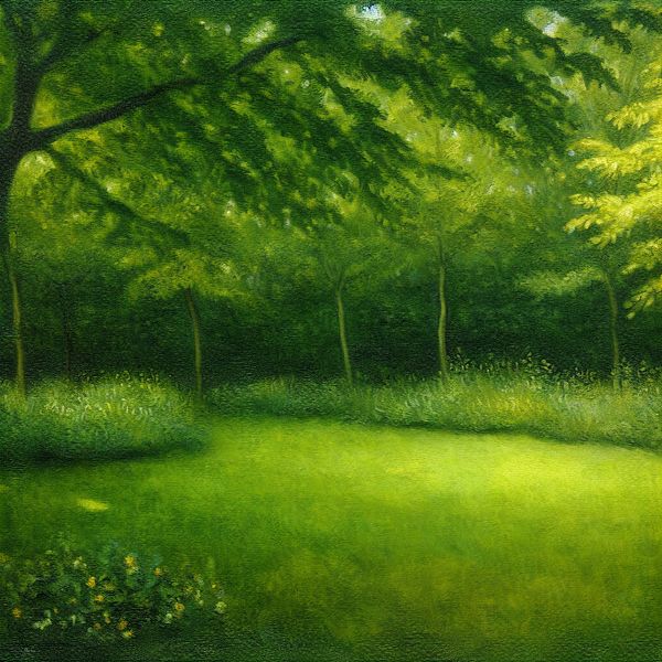 Serene park met levendig groen gras en bladeren in het zachte licht, geïnspireerd op Johannes Vermeer