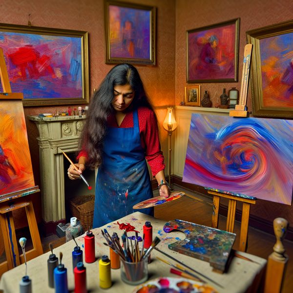 Kleuren mengen in een kunstenaarsstudio Een schilder in zijn studio mengt rode en blauwe verf op een palet, met een paarse swirl als resultaat.